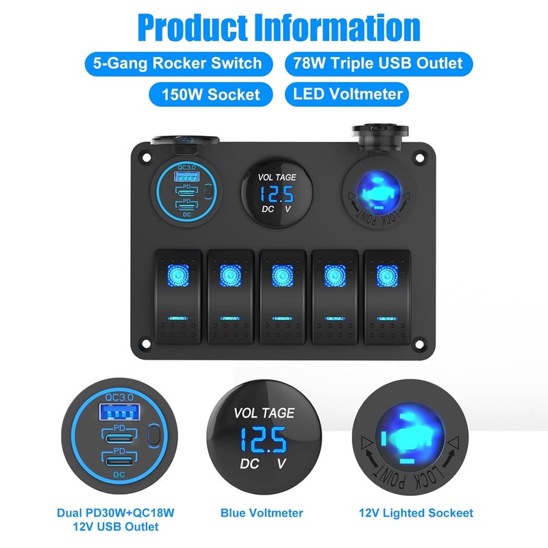 Hapytrip Marine Boat Switch Panel Waterproof, 5 Gang Marine Rocker Switch Aluminum Panel with 3 Port 66W 12V USB Outlet Car Charger, 150W Cigarette Lighter Socket and Blue LED Voltmeter for Truck Car RV, etc. - Image 2
